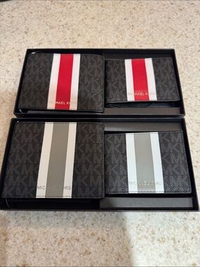 Michael Kors Men's Black MK Monogram Wallet Set with Red & Gray Center Stripes
